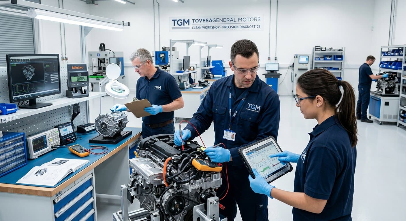 Tovesageneral Motors Certified Technicians Conducting Diagnostics in Clean Workshop